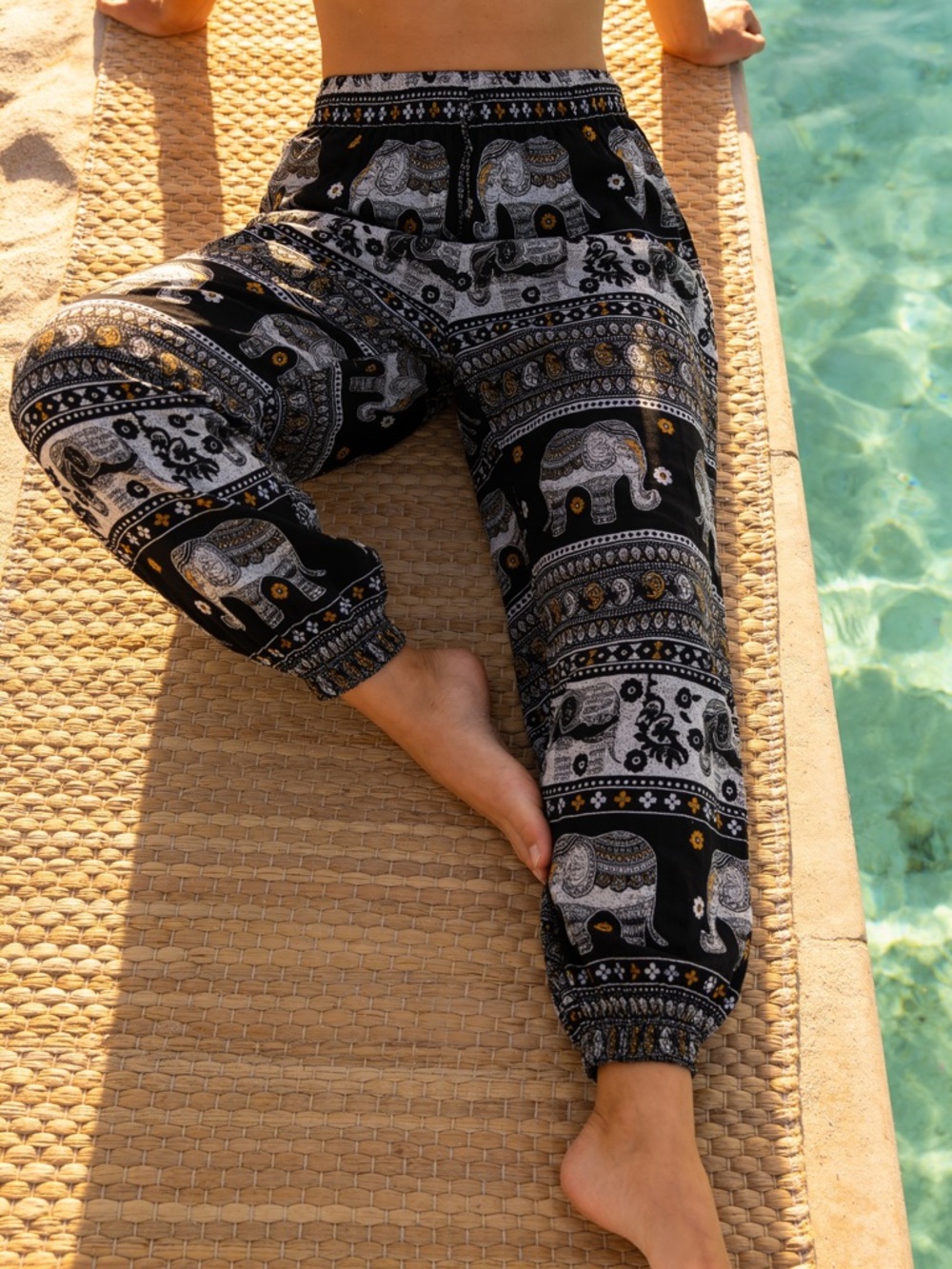 Elephant Print Harem Pants Black Boho Lounge Travel Pants